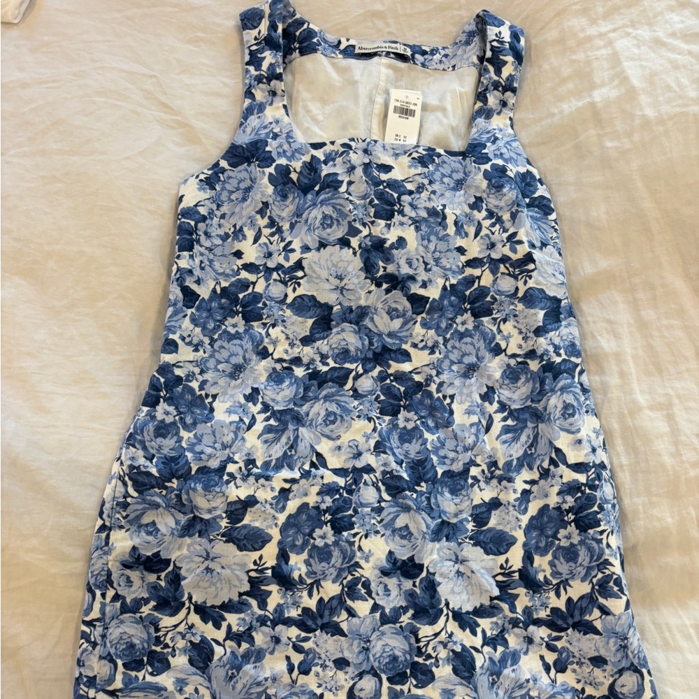 Abercrombie & Fitch Blue and White Floral Square Neck Linen Blend Mini Dress